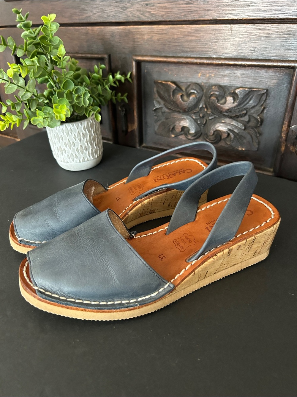 Clarks Women’s Navy Leather Slingback Wedge Sandals